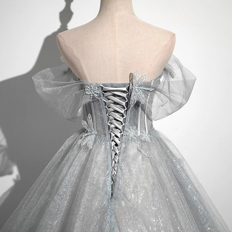 Gray A-Line Tulle Long Prom Dress, Gray Tulle Formal Evening Dress ED0741