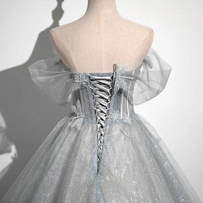 Gray A-Line Tulle Long Prom Dress, Gray Tulle Formal Evening Dress ED0741