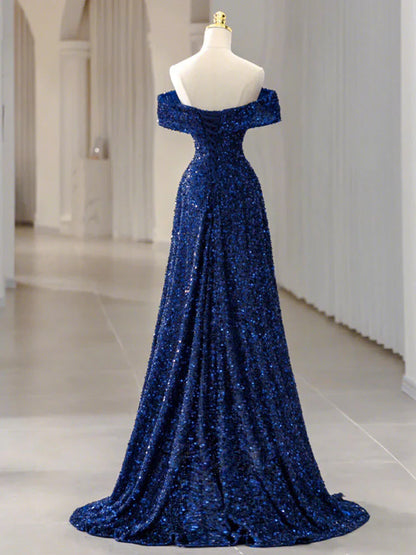 Simple Off Shoulder Sequin Blue Long prom Dress, Blue Sequin Long Evening Dress ED0742