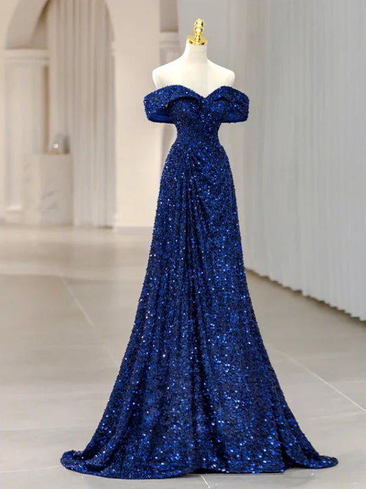Simple Off Shoulder Sequin Blue Long prom Dress, Blue Sequin Long Evening Dress ED0742