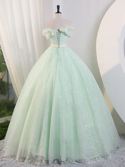 Green Off Shoulder Tulle Green Long Prom Dress, Green Lace Long Sweet 16 Dress ED0743