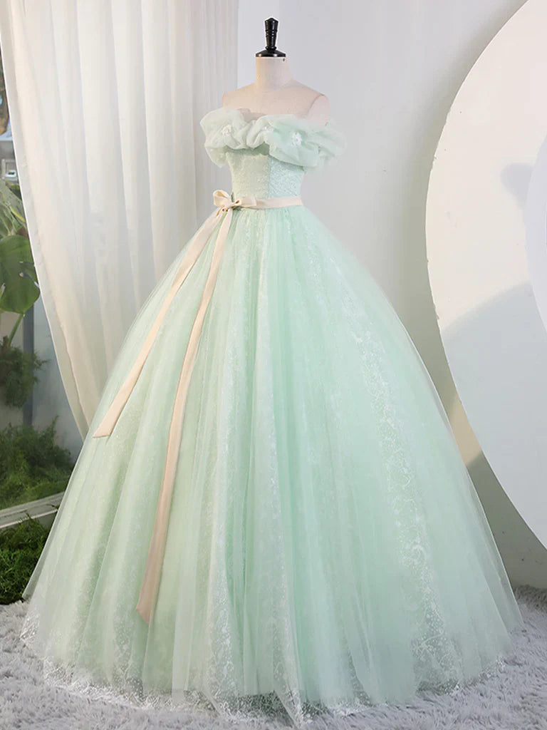 Green Off Shoulder Tulle Green Long Prom Dress, Green Lace Long Sweet 16 Dress ED0743