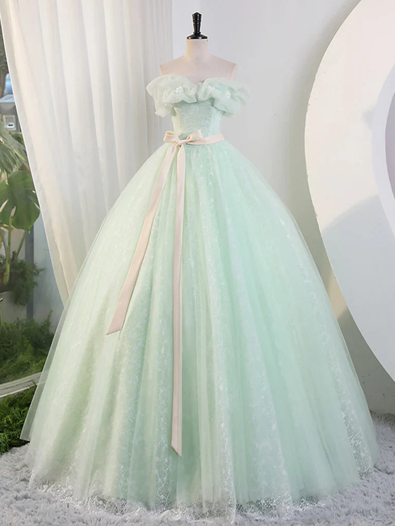 Green Off Shoulder Tulle Green Long Prom Dress, Green Lace Long Sweet 16 Dress ED0743