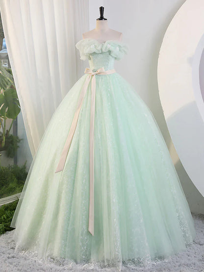 Green Off Shoulder Tulle Green Long Prom Dress, Green Lace Long Sweet 16 Dress ED0743