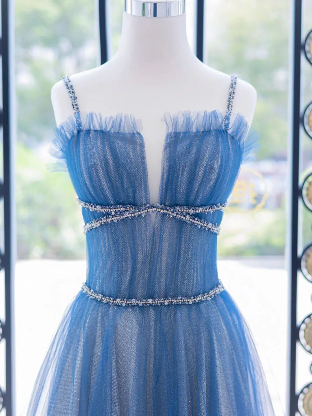 A-Line Blue Tulle Long Prom Dress, Blue Tulle Formal Dresses ED0745