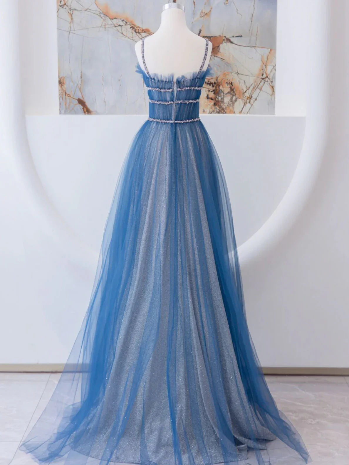 A-Line Blue Tulle Long Prom Dress, Blue Tulle Formal Dresses ED0745