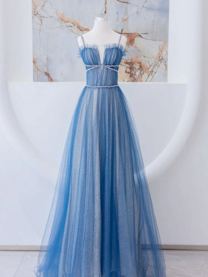 A-Line Blue Tulle Long Prom Dress, Blue Tulle Formal Dresses ED0745