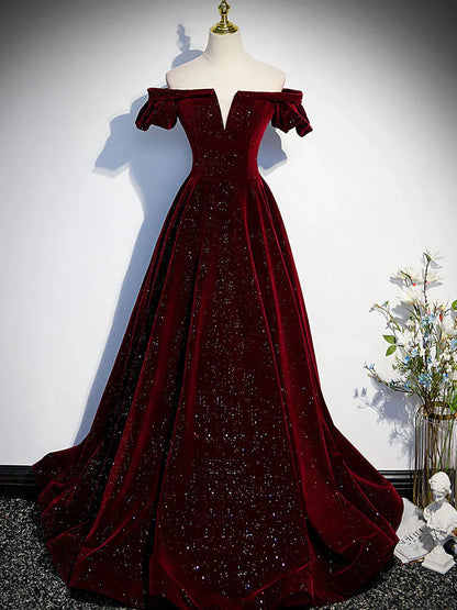 A-Line Off Shoulder Velvet Black Long Prom Dress, Black Formal Dress ED0746