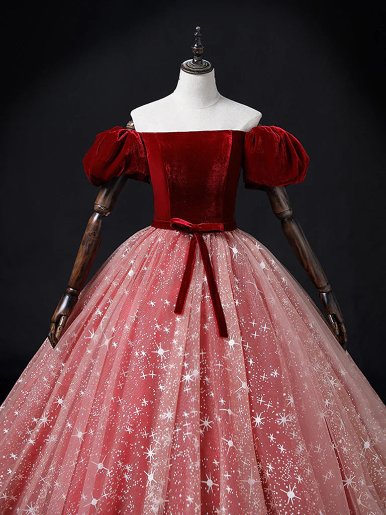 A-Line Burgundy/Pink Tulle Long Prom Dress, Burgundy/Pink Sweet 16 Dress ED0748