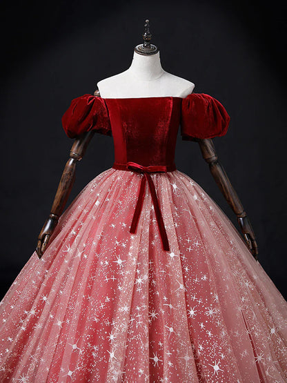 A-Line Burgundy/Pink Tulle Long Prom Dress, Burgundy/Pink Sweet 16 Dress ED0748