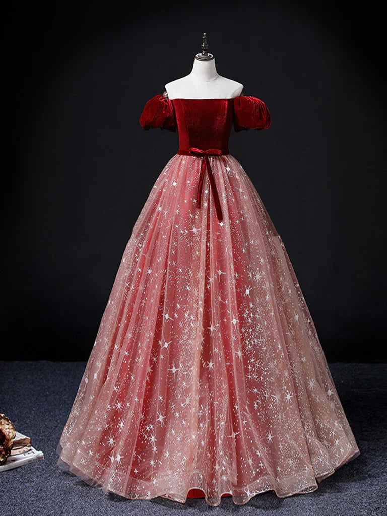 A-Line Burgundy/Pink Tulle Long Prom Dress, Burgundy/Pink Sweet 16 Dress ED0748