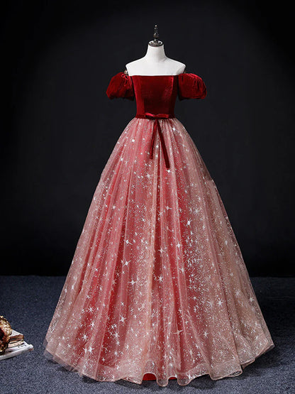 A-Line Burgundy/Pink Tulle Long Prom Dress, Burgundy/Pink Sweet 16 Dress ED0748