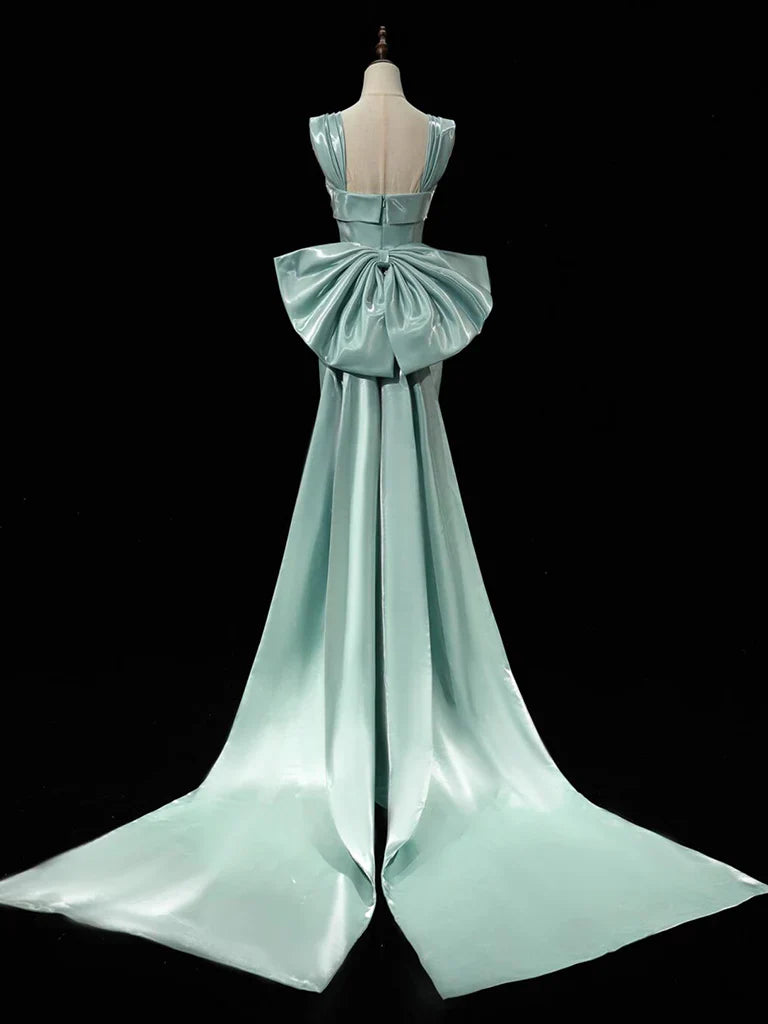 Simple Satin Green Long Prom Dress, Green Long Formal Dress with bow tie   ED075