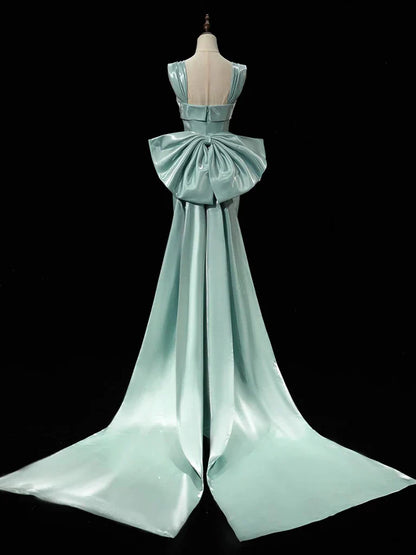 Simple Satin Green Long Prom Dress, Green Long Formal Dress with bow tie   ED075