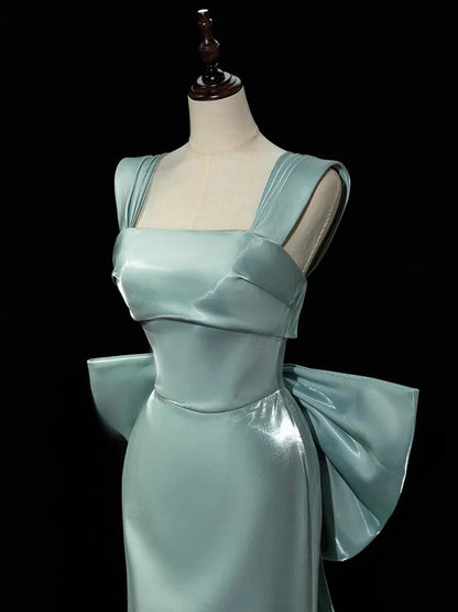 Simple Satin Green Long Prom Dress, Green Long Formal Dress with bow tie   ED075