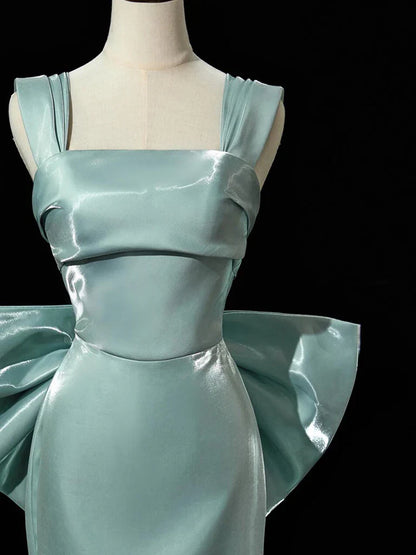 Simple Satin Green Long Prom Dress, Green Long Formal Dress with bow tie   ED075