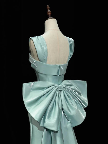 Simple Satin Green Long Prom Dress, Green Long Formal Dress with bow tie   ED075