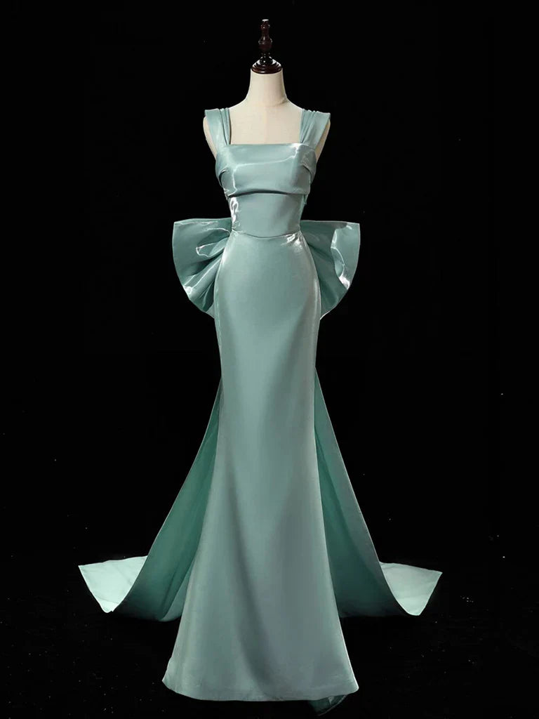 Simple Satin Green Long Prom Dress, Green Long Formal Dress with bow tie   ED075