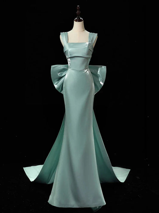 Simple Satin Green Long Prom Dress, Green Long Formal Dress with bow tie   ED075