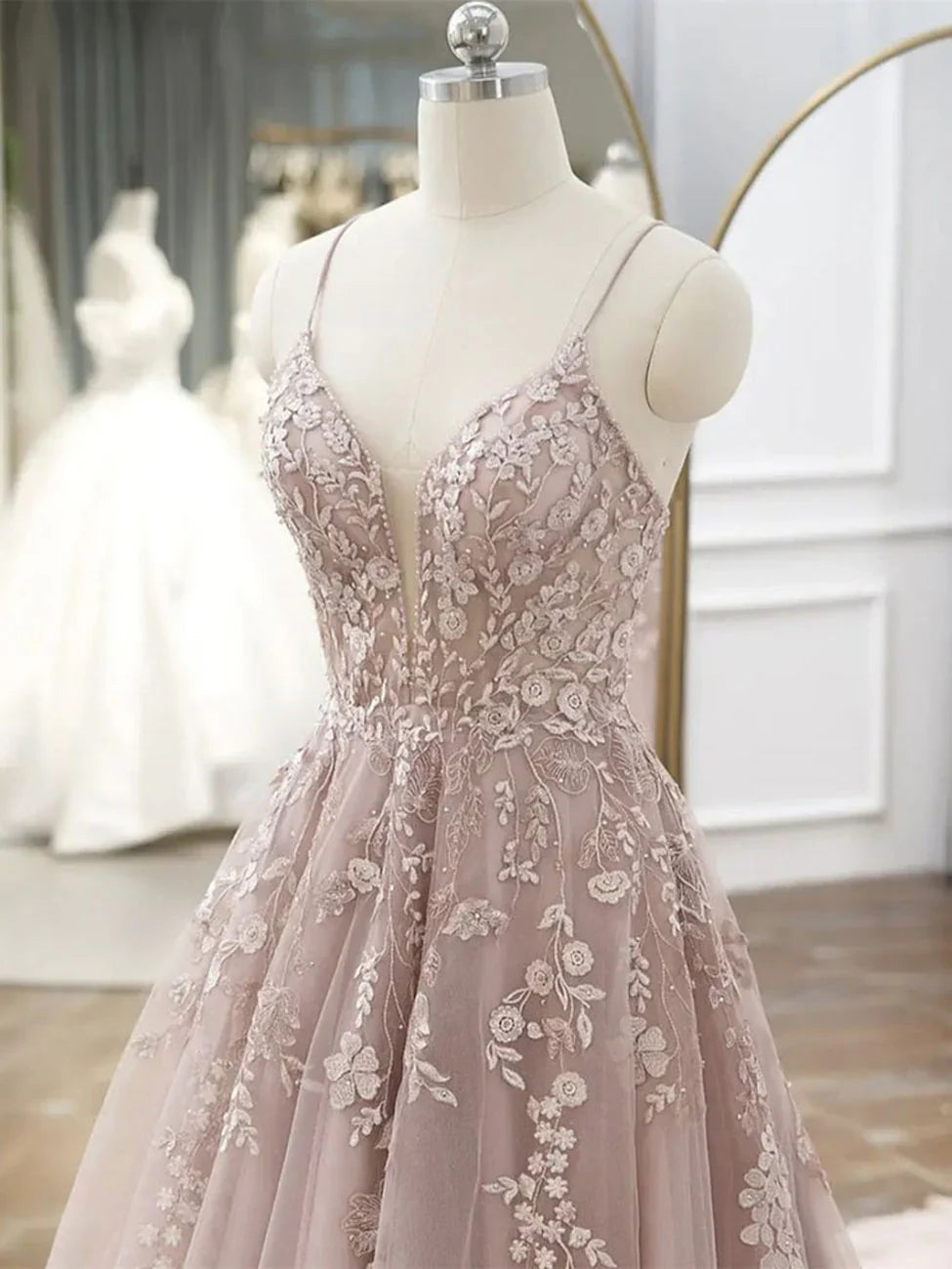 A-Line V Neck Lace Tulle Long Prom Dress, Pink Tulle Formal Dresses ED0750