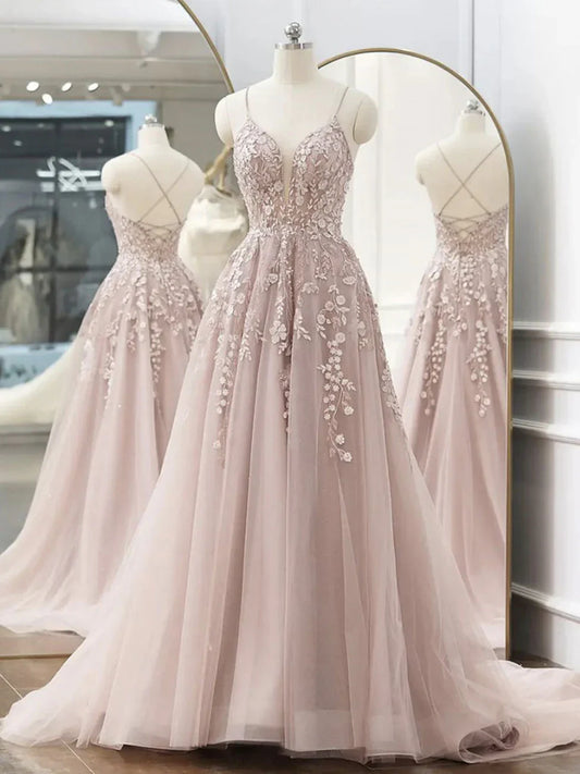 A-Line V Neck Lace Tulle Long Prom Dress, Pink Tulle Formal Dresses ED0750