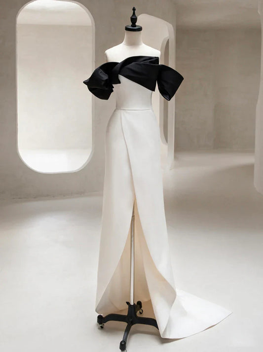 Simple Off Shoulder Satin Black/Beige Long Prom Dress, Black/Beige Long Formal Dress ED0752