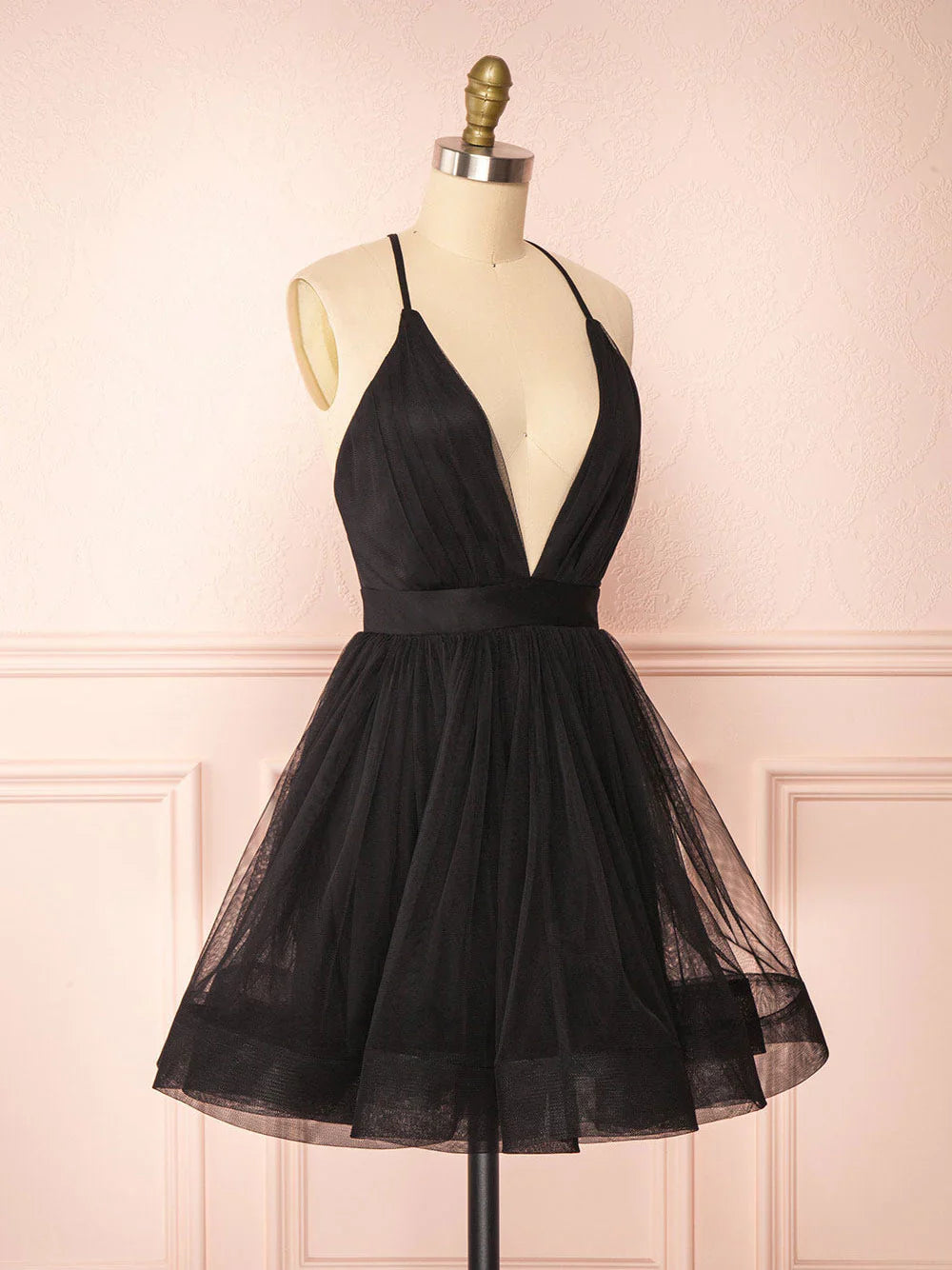 Simple v neck black short prom dress black homecoming dress  ED0753