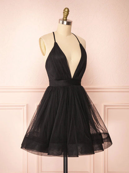 Simple v neck black short prom dress black homecoming dress  ED0753