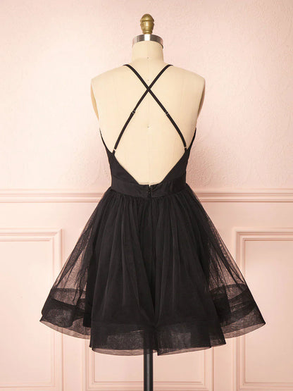 Simple v neck black short prom dress black homecoming dress  ED0753