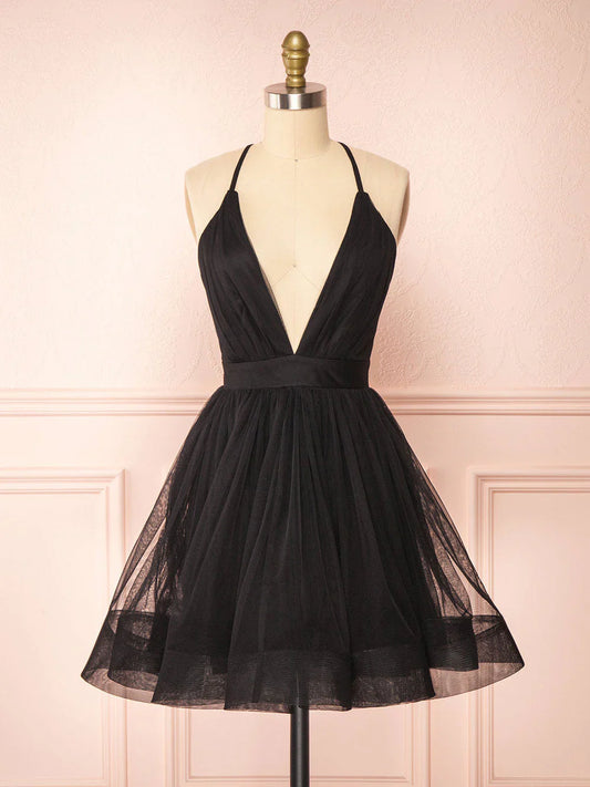 Simple v neck black short prom dress black homecoming dress  ED0753