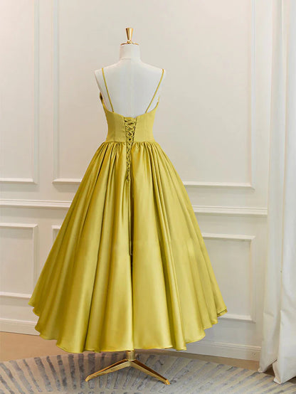 Simple yellow satin short prom dress, yellow bridesmaid dress  ED0754