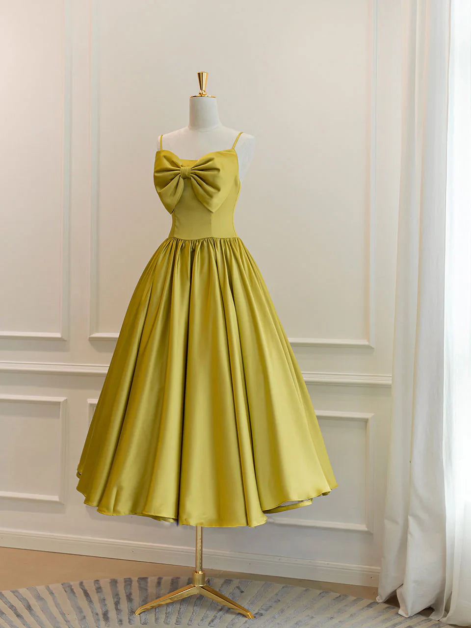 Simple yellow satin short prom dress, yellow bridesmaid dress  ED0754