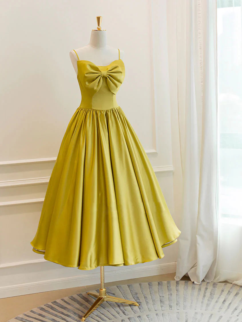 Simple yellow satin short prom dress, yellow bridesmaid dress  ED0754