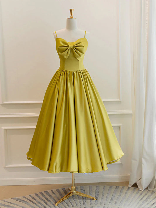 Simple yellow satin short prom dress, yellow bridesmaid dress  ED0754