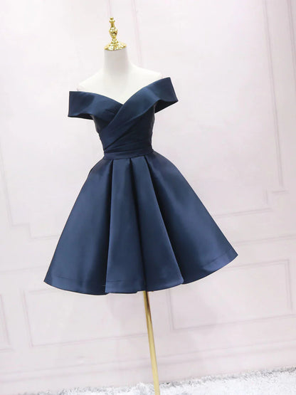 Simple blue off shoulder satin short prom dress blue bridesmaid dress  ED0755