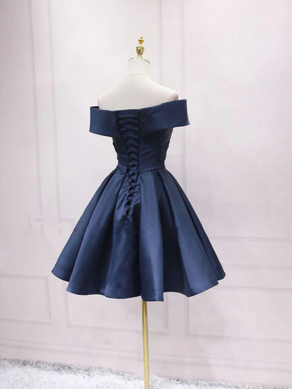 Simple blue off shoulder satin short prom dress blue bridesmaid dress  ED0755