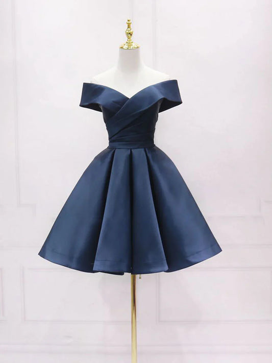 Simple blue off shoulder satin short prom dress blue bridesmaid dress  ED0755
