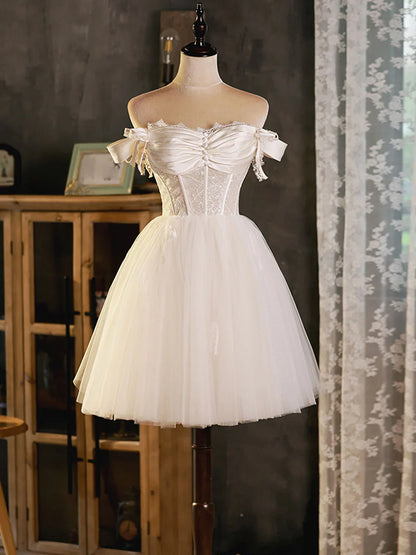 Ivory sweetheart neck tulle lace short prom dress tulle homecoming dress  ED0756
