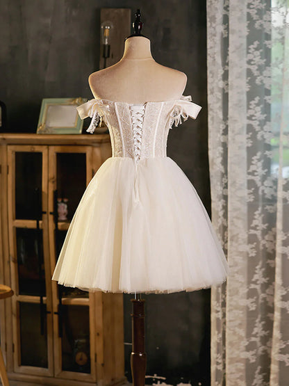 Ivory sweetheart neck tulle lace short prom dress tulle homecoming dress  ED0756