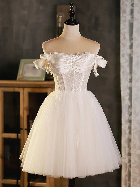 Ivory sweetheart neck tulle lace short prom dress tulle homecoming dress  ED0756