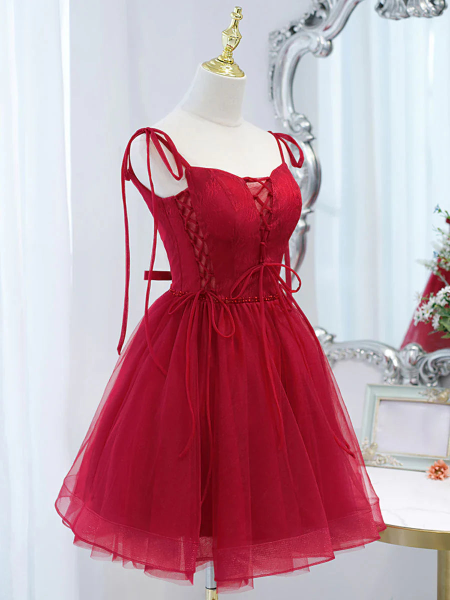 Burgundy tulle lace short prom dress,burgundy homecoming dress  ED0758