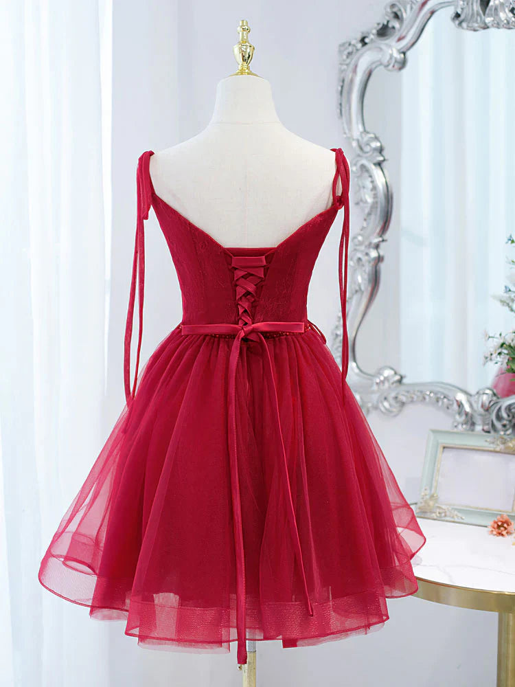 Burgundy tulle lace short prom dress,burgundy homecoming dress  ED0758