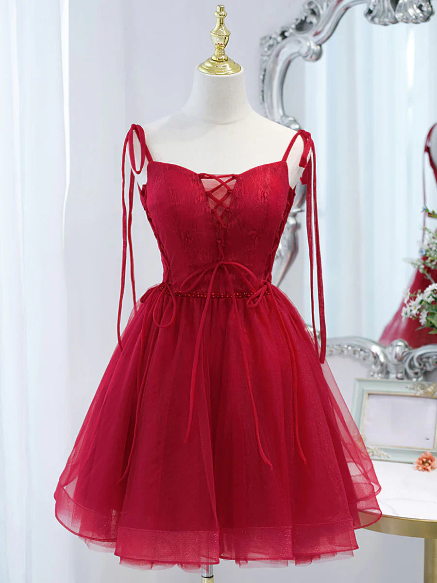 Burgundy tulle lace short prom dress,burgundy homecoming dress  ED0758