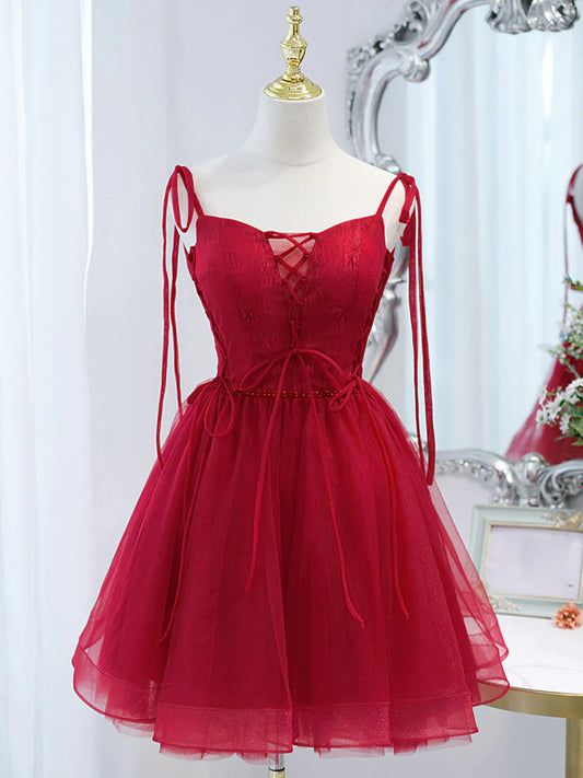 Burgundy tulle lace short prom dress,burgundy homecoming dress  ED0758