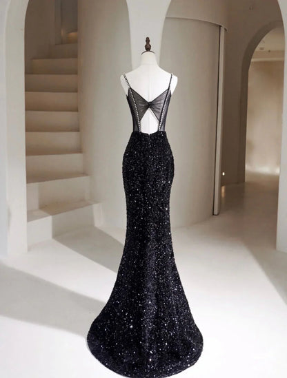 Simple Mermaid Velvet Sequin Black Long Prom Dress, Black Long Evening Dress   ED076