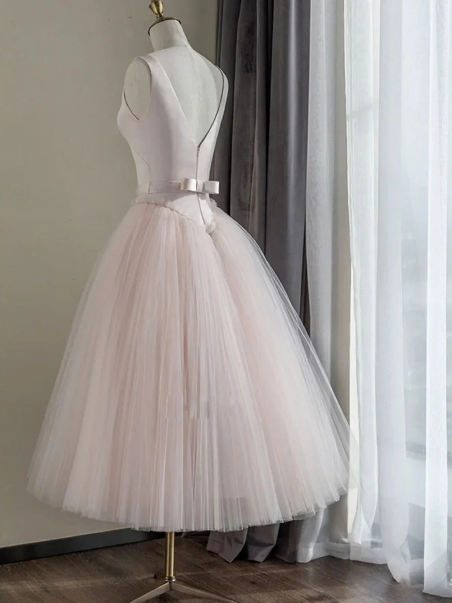 Simple round neck satin short prom dress, pink tulle bridesmaid dress  ED0760