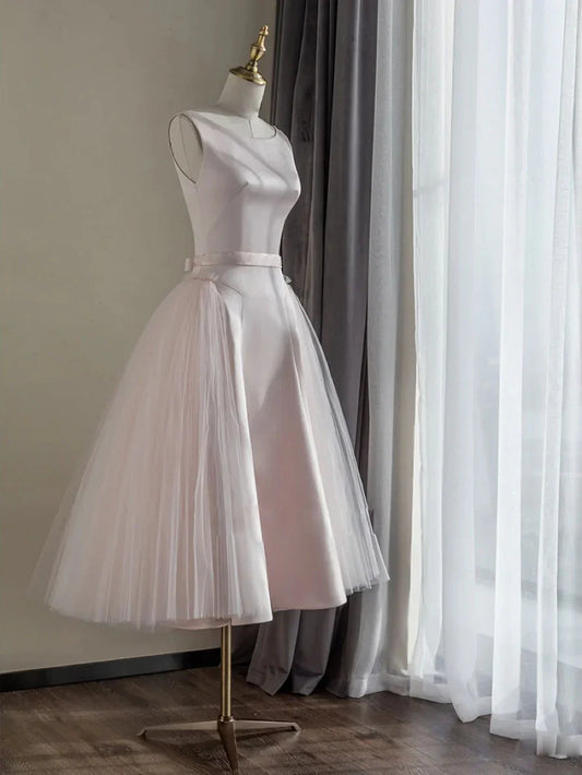 Simple round neck satin short prom dress, pink tulle bridesmaid dress  ED0760