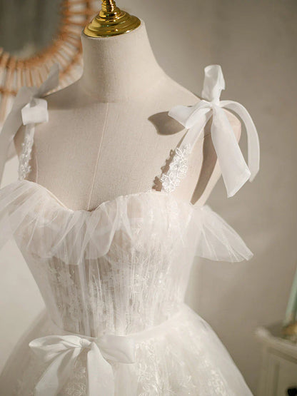 White sweetheart neck tulle lace short prom dress, white tulle formal dress  ED0761