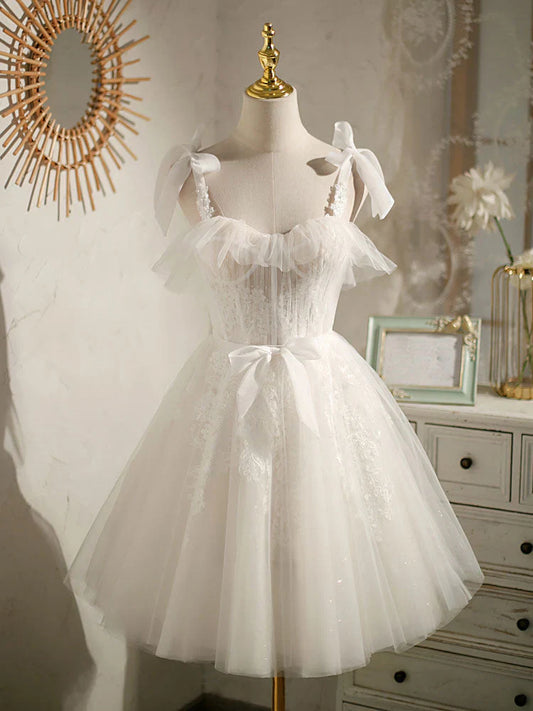 White sweetheart neck tulle lace short prom dress, white tulle formal dress  ED0761