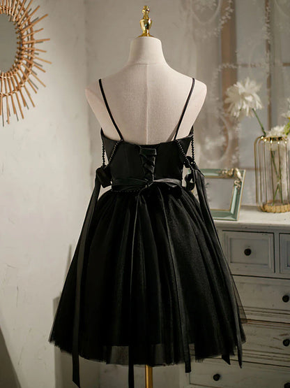Black A-line tulle short prom dress, black homecoming dress ED0762